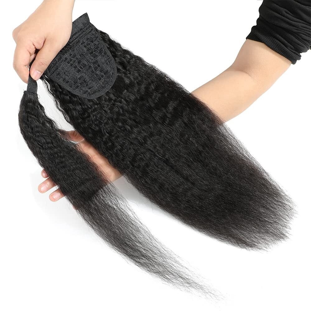 12"-26" Long Yaki Straight Ponytail Wrap Around Ponytail Hairpiece Clip in Brazilian Remy Hair Kinky Straight Ponytail Hair Extension for Black Women