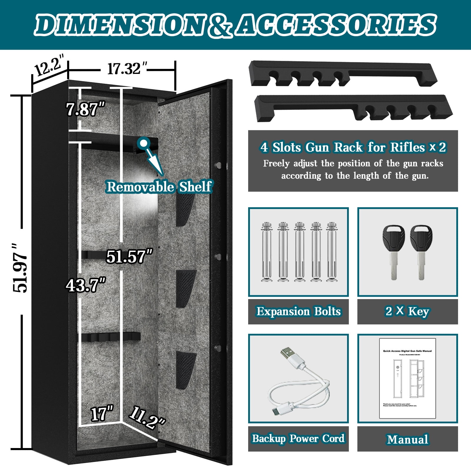 7-8 Biometric Gun Safe Rifle for Home, Fingerprint Gun Safes for Rifles and Pistols, Quick Access Gun Cabinets for Rifles and Shotguns with Upgraded LED Light and LCD Screen