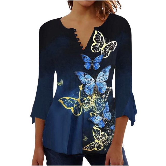 IROINNID On Sale Plus Size Shirts for Women Crew Neck Long Sleeve Comfortable Trumpet Printed Buttoned Basic Ruched Tops Pleated Blouses,Navy