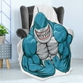 thumbnail image 4 of Fish Soft Flannel Fleece Throw Blanket, Smiling Toothy White Shark with Big Muscles on Arms Illustration Print, Cozy Plush for Indoor and Outdoor Use, 60" x 80", Pale Grey Petrol Blue, by Ambesonne, 4 of 5
