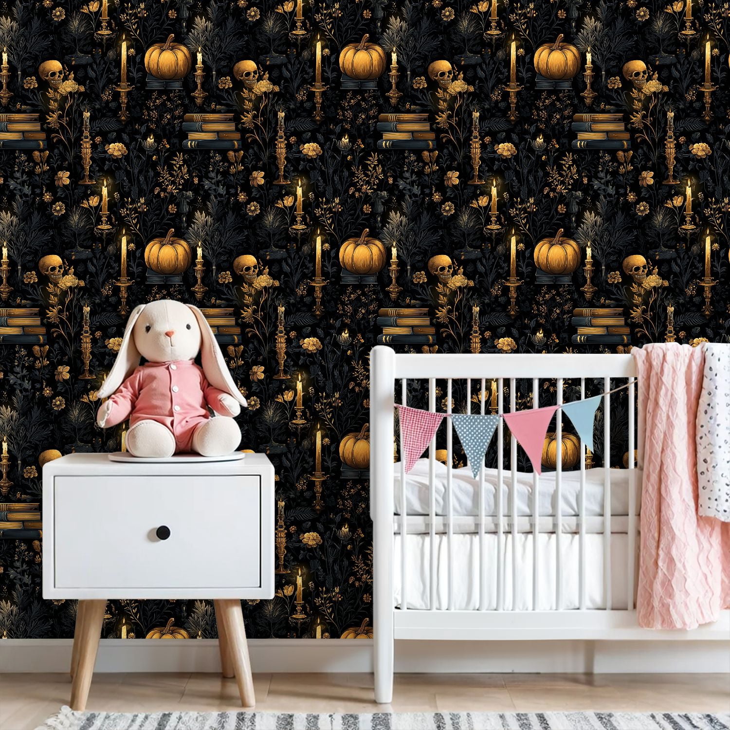 Peel and Stick Wallpaper Vintage Candlelit Pumpkin Books Floral Skeleton Botanicals Wall Mural 23.6in x 9.8ft Self Adhesive Removable Wall Paper Renter Friendly Wallpaper for Bedroom Cabinets
