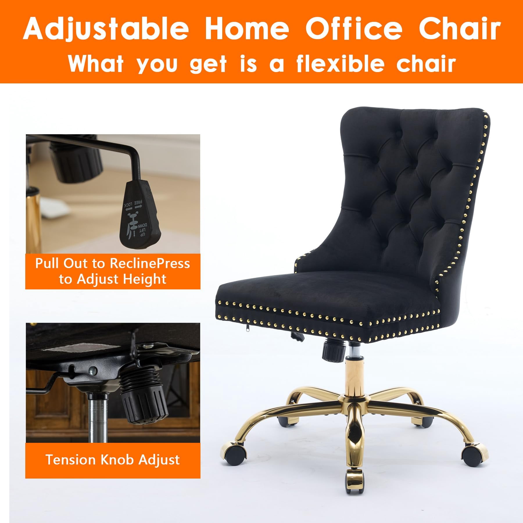 Pawverly Velvet Upholstered Office Chair, Tufted Button Swivel Desk Chair with Adjustable Height, Gold Metal Base & Wheels, Modern Vanity Chair, Black