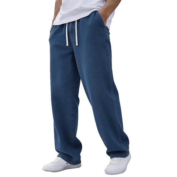 Fengqque Men's Vintage Fashion Solid Casual Elastic Waist Drawstring Jeans Pants with Pockets Dark Blue L