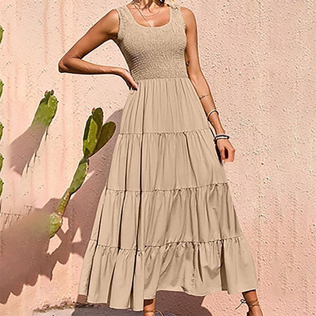 pstuiky Robes d'Été pour Femmes, Robe Longue Bohème Sans Manches pour Femmes Robe de Couleur Unie Robes Midi Liquidation