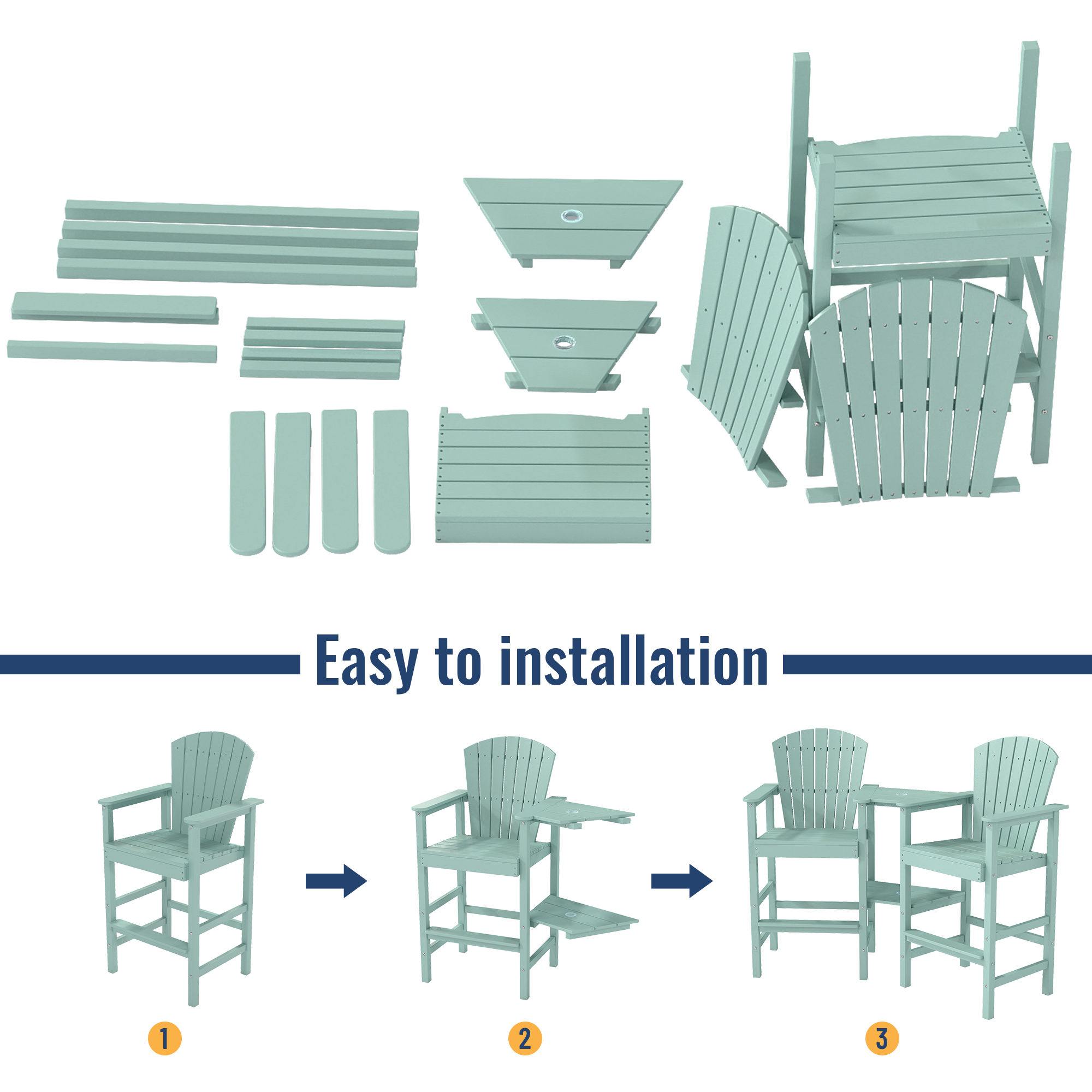 FOOWIN Tall Adirondack Chair Set of 2, HDPE All-Weather Adirondack Bar Stools with Connecting Tray, Aruba Blue