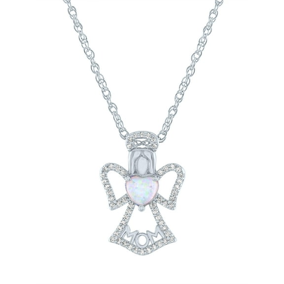 Ladies Brilliance Fine Jewelry Sterling Silver Plated Similated Opal & CZ Angel Pendant, 18"
