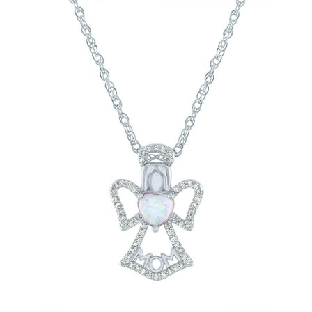 Ladies Brilliance Fine Jewelry Sterling Silver Plated Similated Opal & CZ Angel Pendant, 18"
