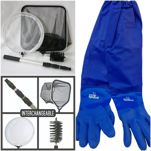 Pond Cleaning Care Kit, 4-in-1 Net Set Includes String Algae Scrubbing Brush, Skimming Net & Fish Catching Net with 6 FT Telescopic Pole and Full Arm Pond Gloves