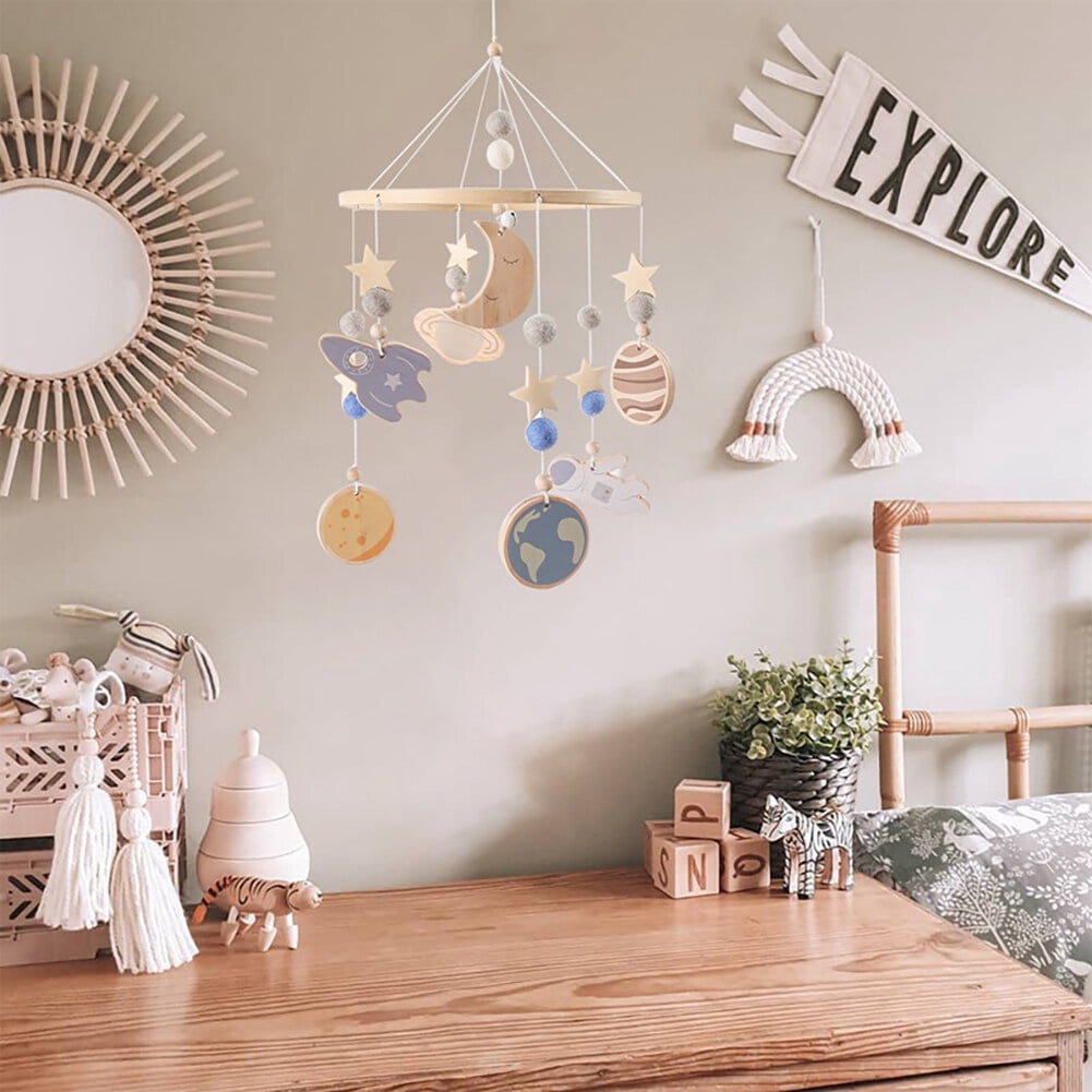 Baby Space Bed Bell – Wooden Hanging Crib Mobile Toy with Stars & Moon for Infant Sleep, Nursery Decor & Sensory Play