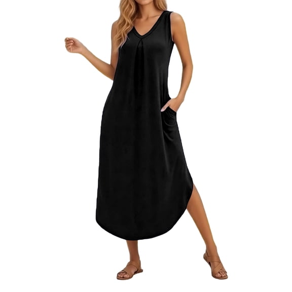 JIAYUE Women's Dress A-Line Mid-Calf Casual Sleeveless Tank With Pockets Summer Beach Solid Color V Neck Classic Female Dresses
