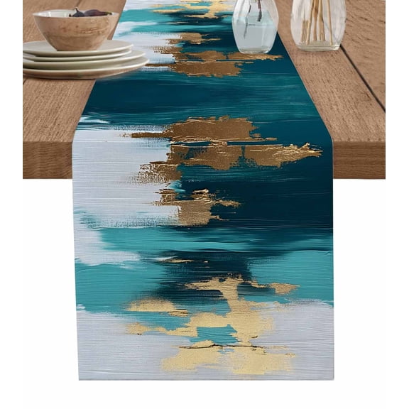 ERUNPONLY Abstract Teal Green Table Runner - 70 Inch Long White Gold Textured Art Cotton and Linen Blended Dress Scarves Farmhouse Table Runner for Kitchen Dining, Coffee Table, 13" x 70"