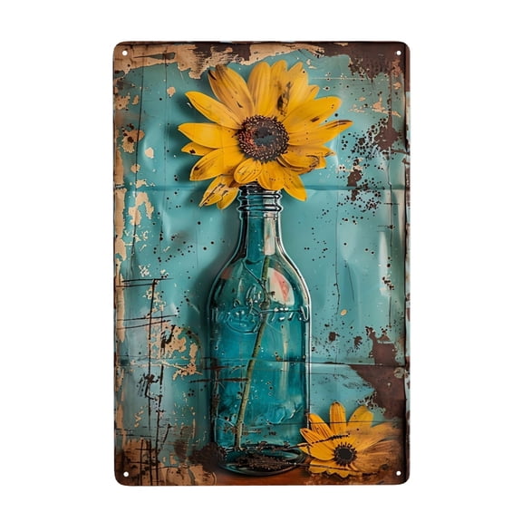 Vintage Tin Metal Sunflower Wall Art Sign, Rustic Summer Decor, 12 x 8 Inch