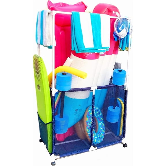 Pool Equipment Holder with Towel Drying Bars, Mesh Rolling Multi Use Storage Organizer Bin, Large Towel Hanger (25" L x 34.5" W x 62.6" H), Blue/White