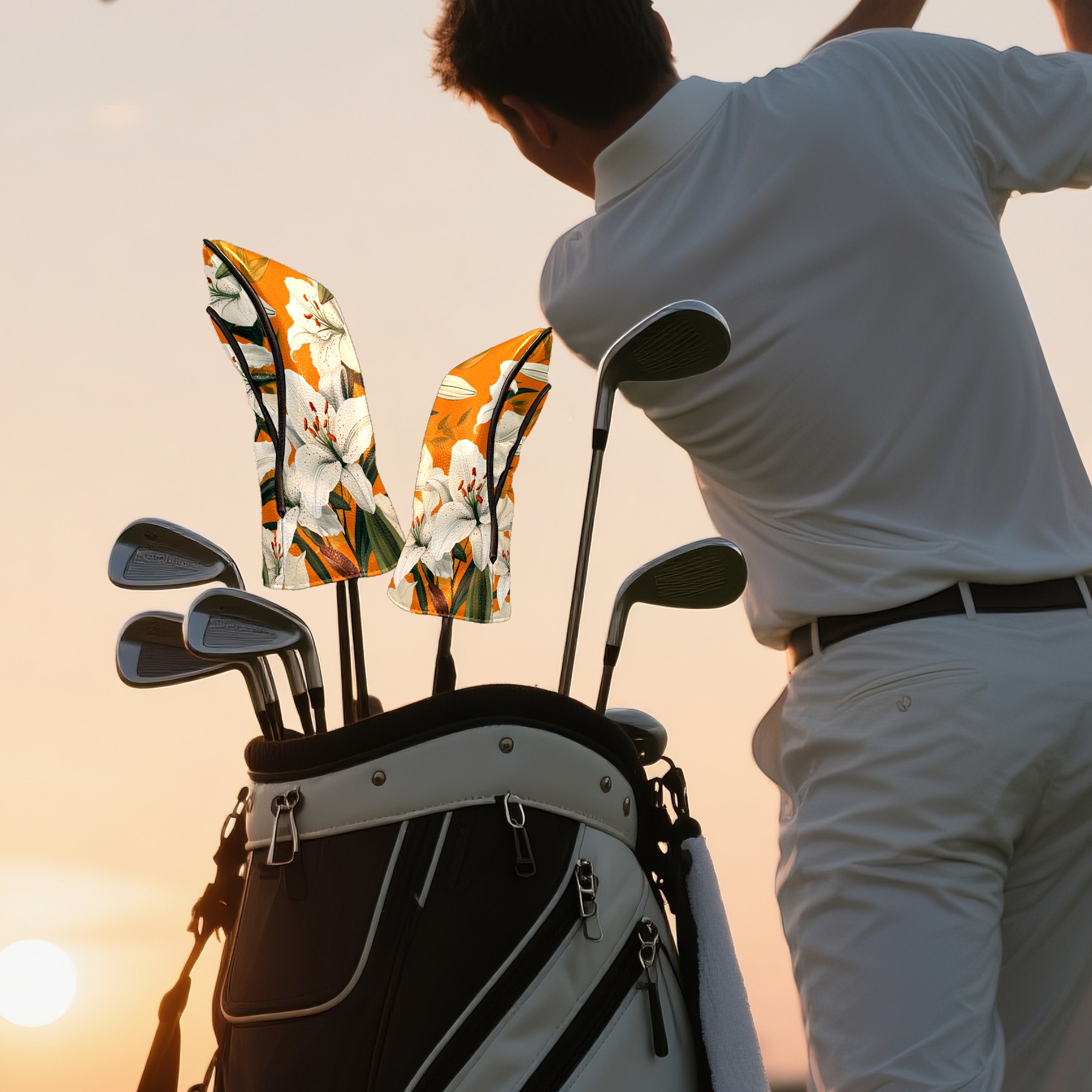 Golf Club Covers PU Leather Waterproof Head Covers for Fairway Woods Hybrids Lily Flowers