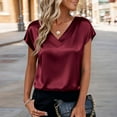 thumbnail image 2 of Resicozy Women Satin Tops Dressy Short Sleeve Blouse V Neck Shirts Business Casual Solid Color Pullover Wine XL, 2 of 5