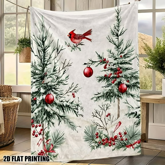 1pc Cozy Christmas Cardinal Trees Printed Throw Blanket - Soft, Versatile, and Lightweight Throw for Sofa, Couch, Office, and Travel - Perfect Gift for All Occasions