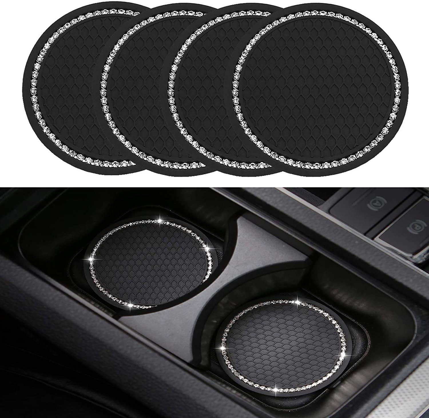 4 Pack Bling Car Cup Holder Coaster 2.75 Inch Soft Bling Crystal Rhinestone Rubber Pad Set Black Round Auto Cup Holder Insert Drink Coaster Car Interior Accessories
