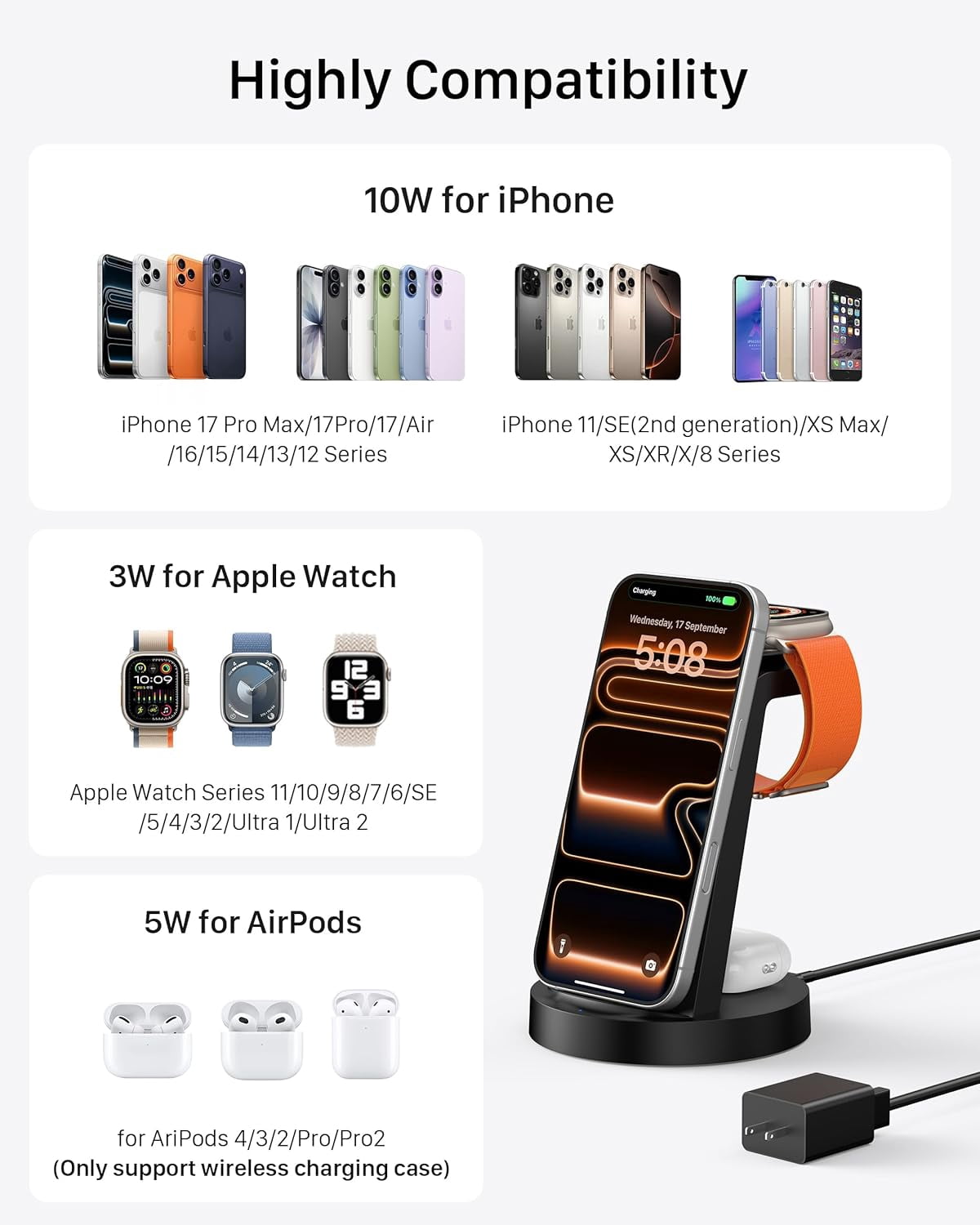ETEPEHI 18W Wireless Charger for iPhone - 3 in 1 Charging Station Compatible with iPhone 17/16e/16/15/14/13/12 Pro Max, for iWatch & Air Pods 4 3 Pro, Black