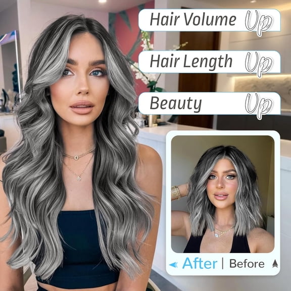 WEIF-Invisible Wire Hair Extensions Long Wavy Layered Synthetic Hair Extensions with Transparent Wire Adjustable Size 6 Secure Clips Grey/Sliver Mixed Hairpieces for Women 20 Inch