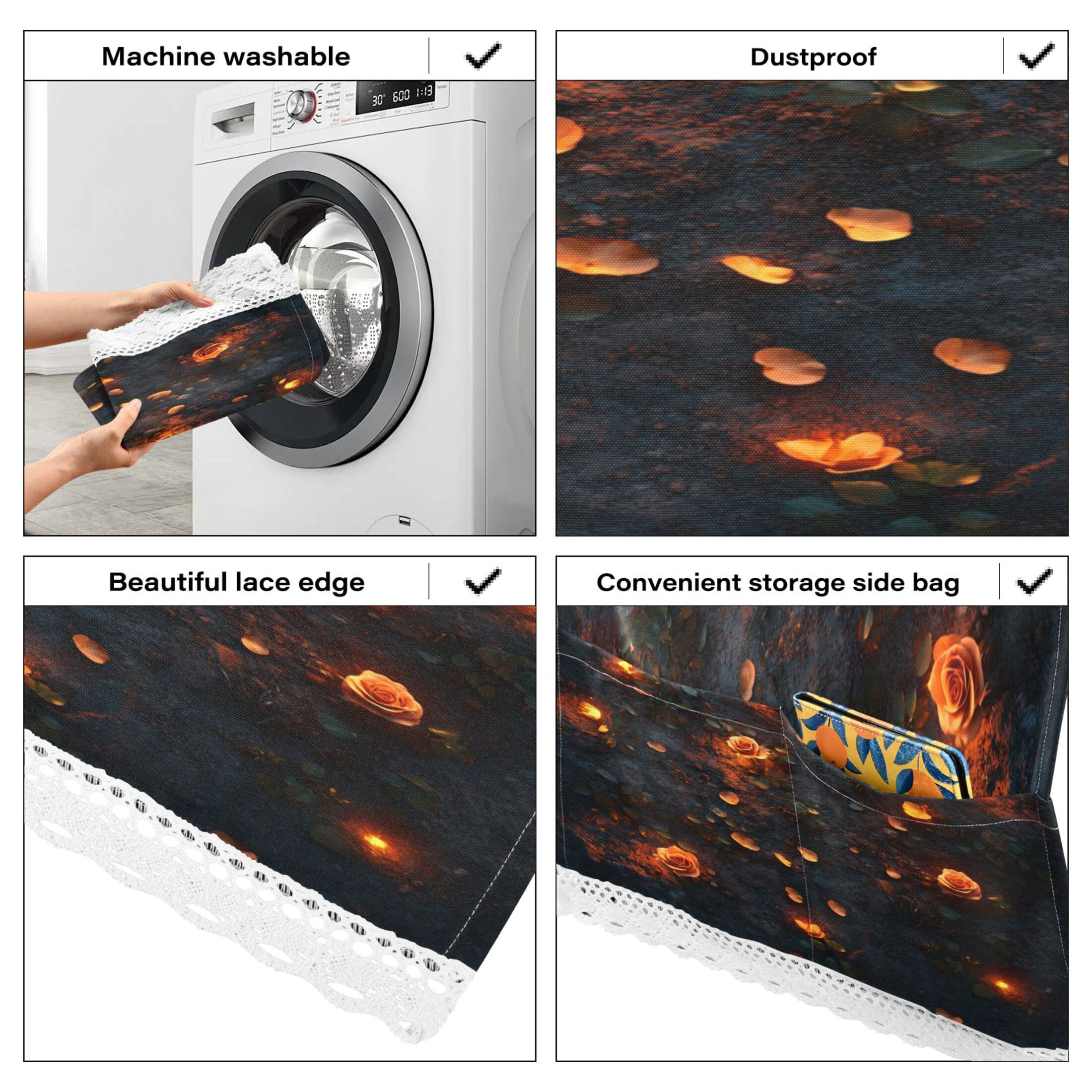 Glowing RosesWasher and Dryer Covers Dust-Proof and Oil Resistant Fridge Cover with 4 Storage Pockets Washing Machine Top Cover for Laundry Kitchen Home 51.2 x 22 In