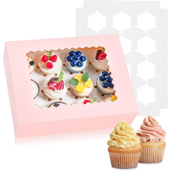 6PCS Cupcake Boxes - Hold 12 Count Cupcake Containers with Window, Food Grade Cupcake Holder Easy Transport and Presentation - Ideal for Cupcakes, Desserts, and More (Pink)