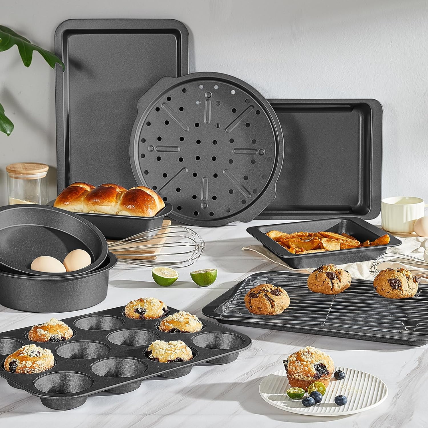 HONGBAKE 10-Piece Nonstick Carbon Steel Bakeware Set, Baking Pan Set with Baking Sheets, Cake Pans, Loaf Pan & Muffin Pan, Grey
