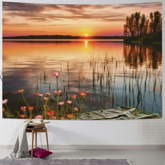 BCIIG Nature Tapestry, Sunset at Chudskoy Lake Estonia View Spring Flowers Landscape Photo, Wide Wall Hanging for Bedroom Living Room Dorm,  Soft Blue Pale Pink 40x30inch