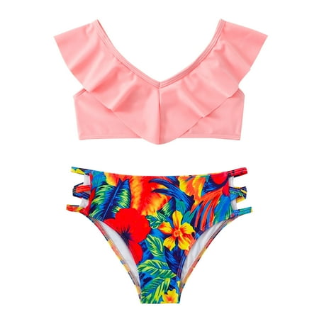 

Girls Swimsuit Ruffles Swimwear Outfits Hollow Bikini Summer Girls Swimsuit Girls Set Floral Print Graphic Bikini Swimsuit Swimming Suits for Kids
