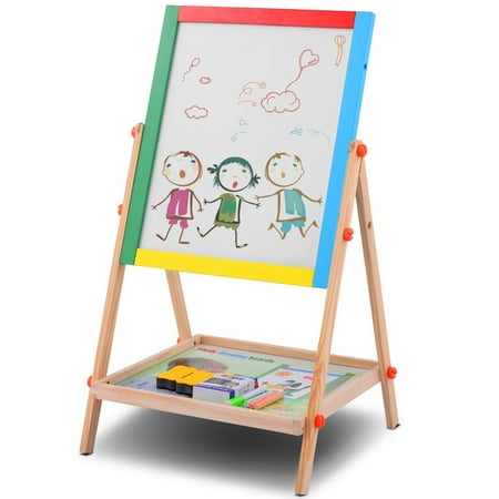 costway adjustable 2 in 1 wooden easel chalk drawing board black