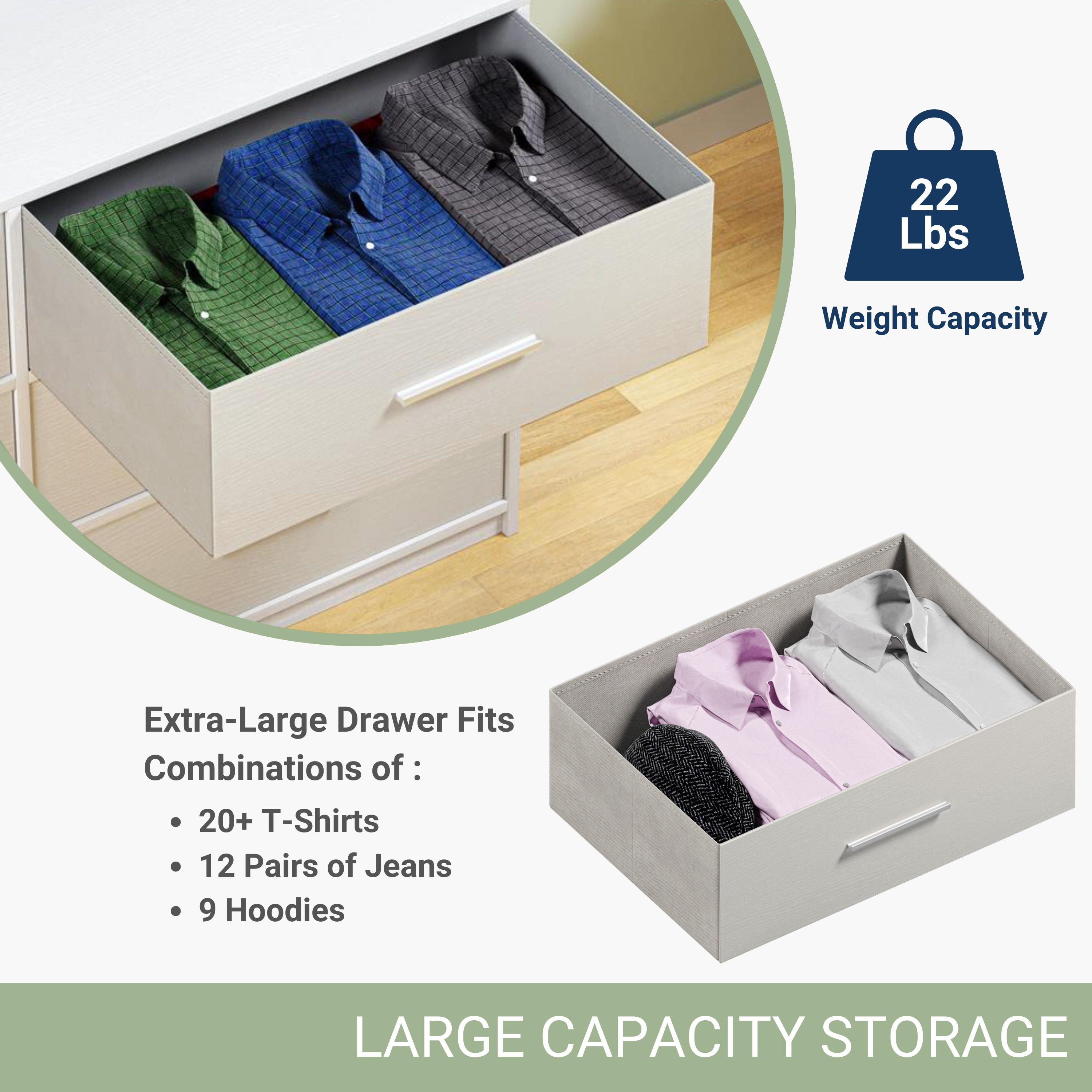 6-Drawer Dresser with Extra Large Fabric Bins, Wood Frame Storage Organizer for Bedroom, Living Room, or Hallway, Versatile Design Doubles as a TV Stand, Ideal for Home Organization, White