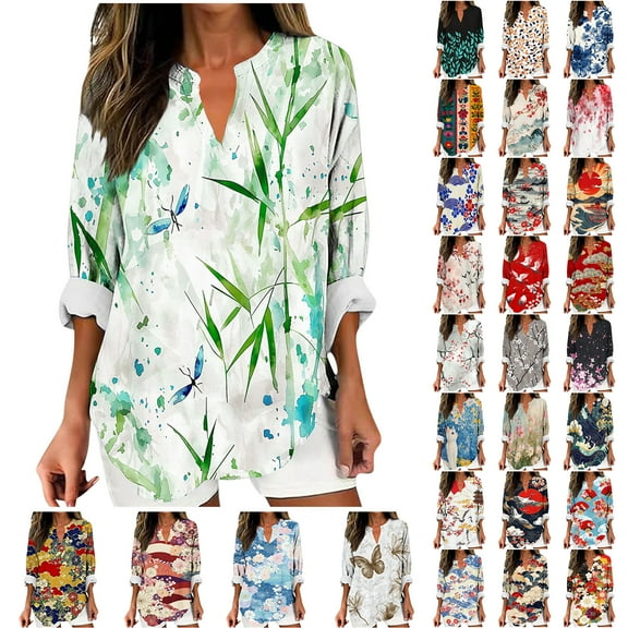 JTZGDY Fall Tops for Women Dressy Casual Oil Painting Printed Long Sleeve V Neck Graphic Oversized Tunic Tshirt Blouse Loose Lightweight Pullover Green S