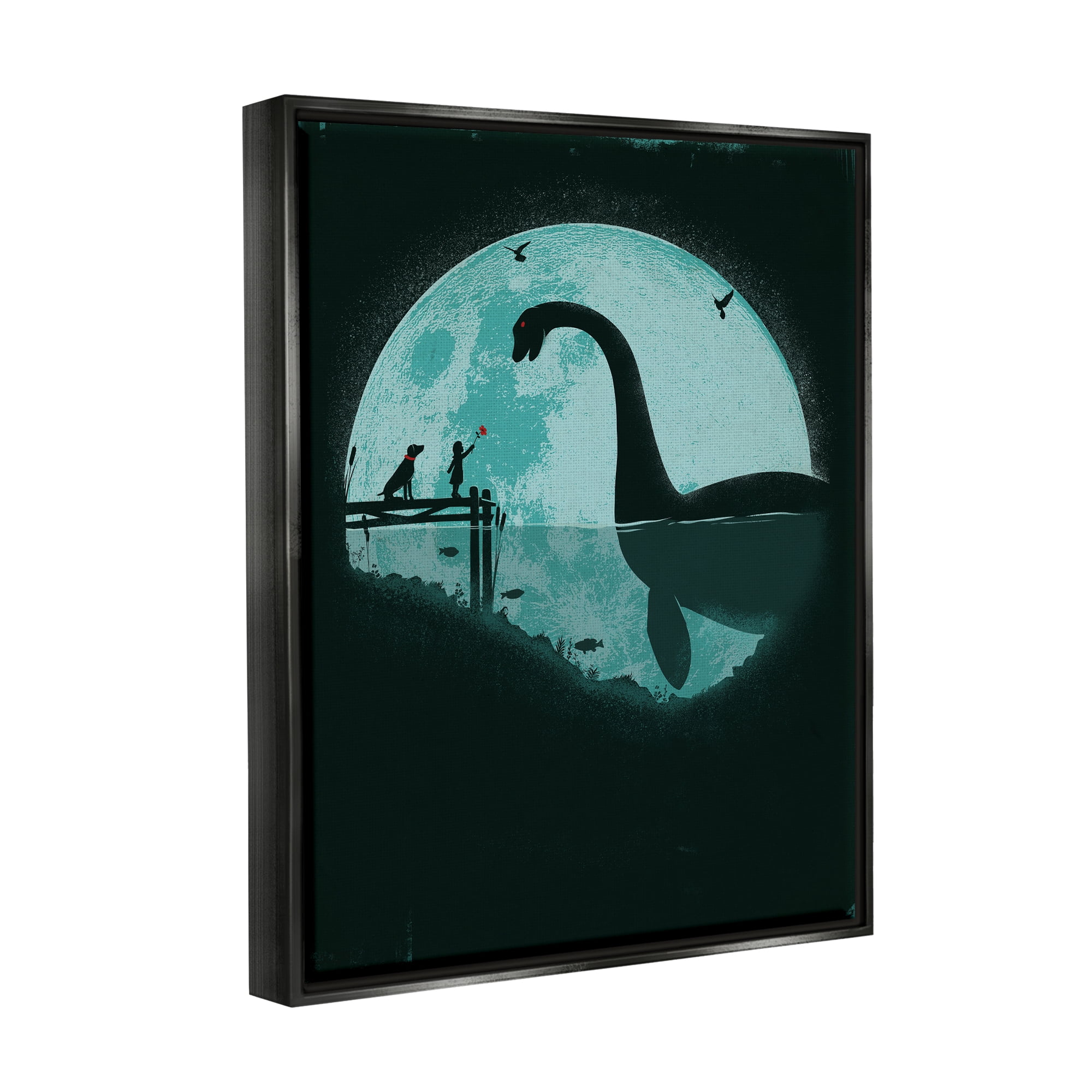 Stupell Industries Girl & Loch Ness Fairy Tales & Fantasy Painting Black Floater Framed Canvas Art Print Wall Art, 25 x 31