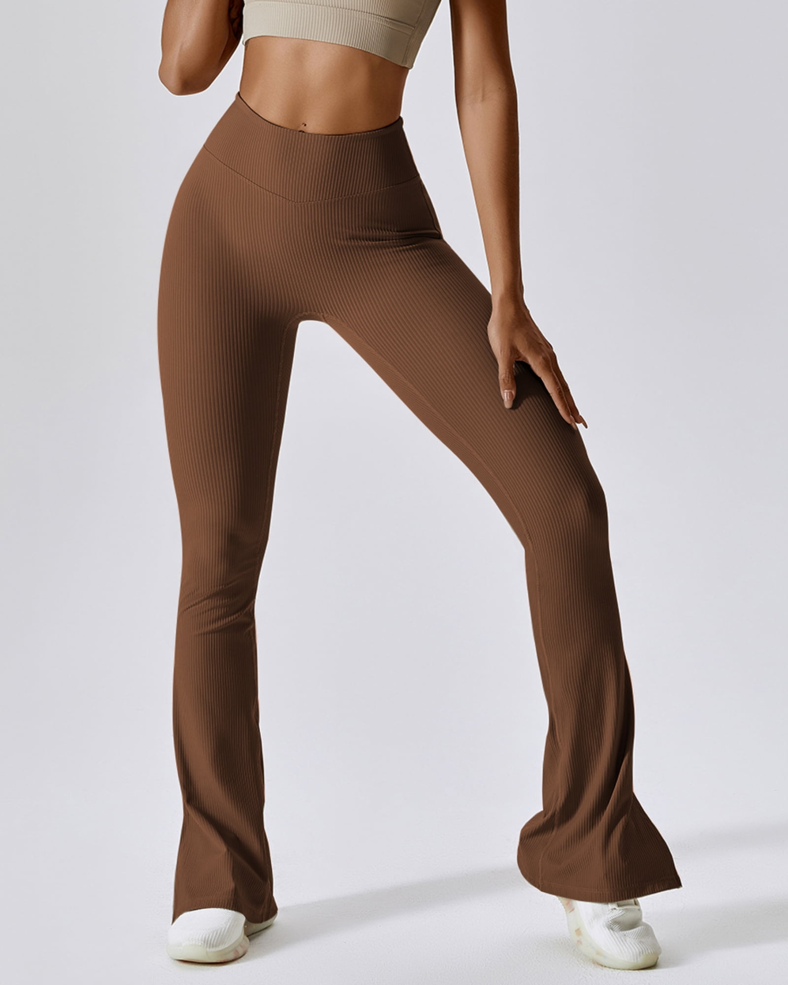 FITOP Womens Ribbed Flared Leggings Slit Hem High Waist Bootcut Yoga Pants Workout Bootleg Pants