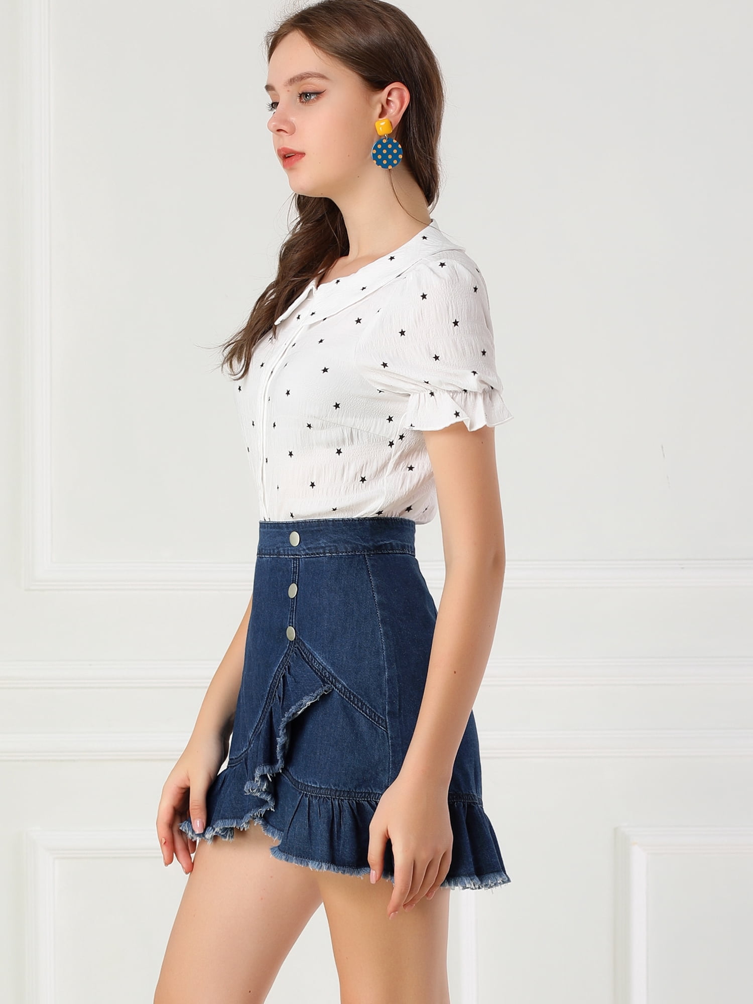 DARING DIVA Women's Ruffle Hem Button Mini Denim Jeans Skirt M Blue