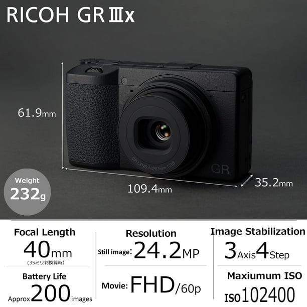 Ricoh GR IIIx Digital Compact Camera - Black, 24MP APS-C CMOS