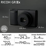 Ricoh GR IIIx Digital Compact Camera - Black, 24MP APS-C CMOS Sensor, 26.1mm F2.8 GR Lens, Supports SD Memory Card