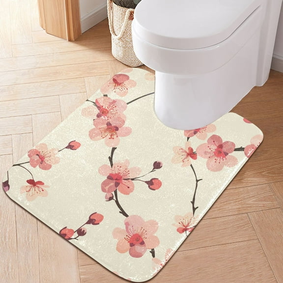 Toilet Rug U-Shaped Bathroom Rugs Non-Slip Soft Plush Machine Washable Contour Bath Mat Delicate Cherry Blossoms 24x20