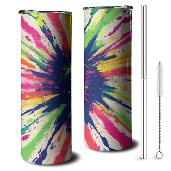 20oz Colorful Paint Burst Pattern Skinny Tumblers Stainless Steel Tumbler with Lid and Straw,Vacuum Insulated Double Wall Travel Tumbler Cups with Cleaning Brush for Coffee,Tea