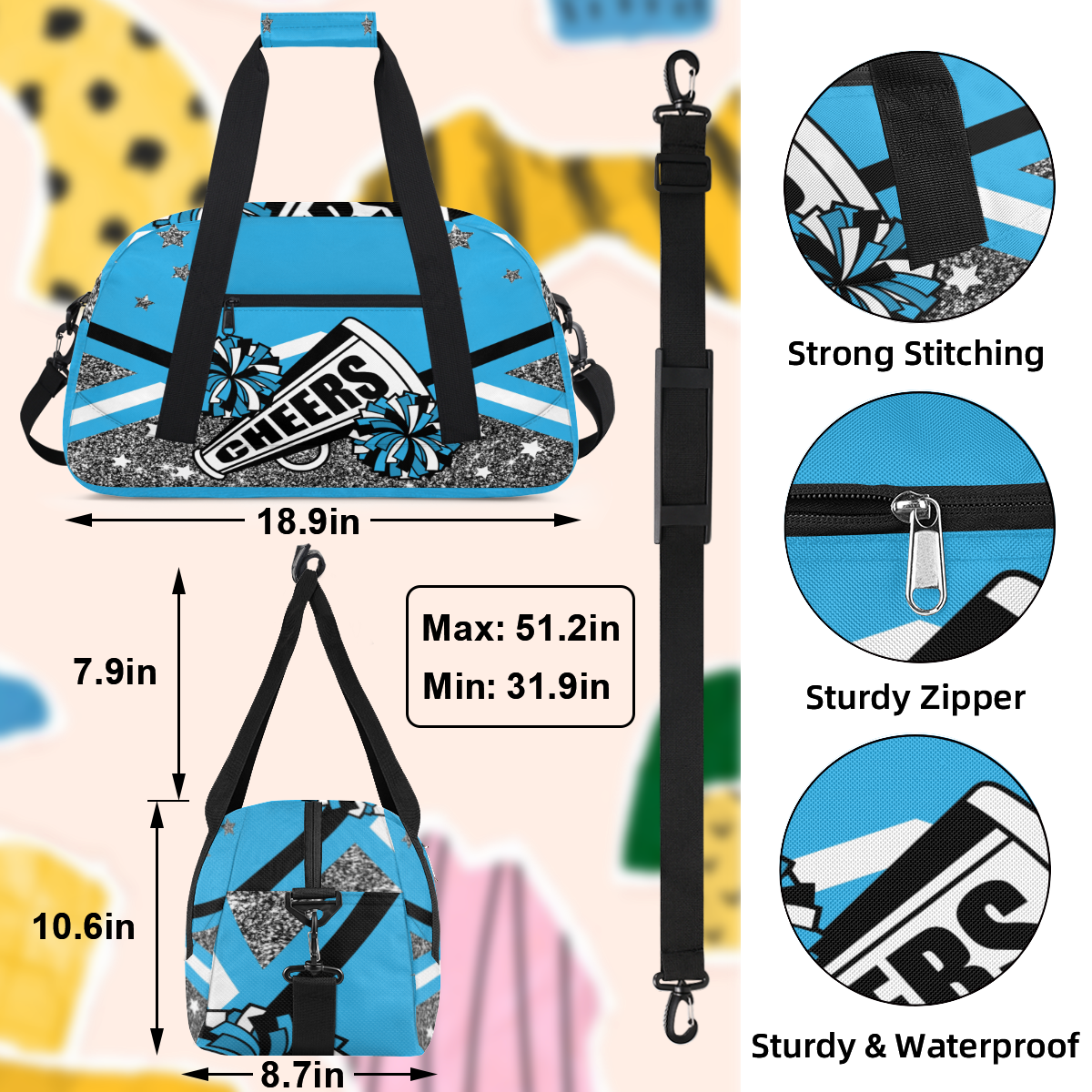 Herdesigns Sports Duffle Bags Travel Duffle Bag Gym Bag Cheer Themed Weekender Travel Bag Waterproof Overnight Bag Carry On Travel Tote Bag Dance Bags