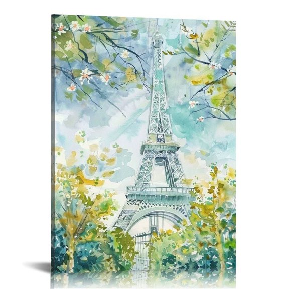 Shadudu Watercolor Eiffel Tower Painting Leaf Trees White Unframed Wall Art, x 30 16x20 in