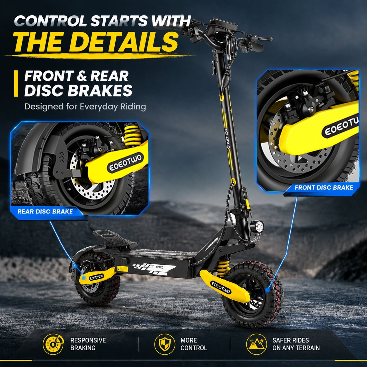 EOEOTWO Electric Scooter for Adults, 1200W Motor Up to 30MPH, 48V 23.4Ah Battery 40 Miles Range, 11" Off-Road Tires E-Scooter with Full Suspension UL2272