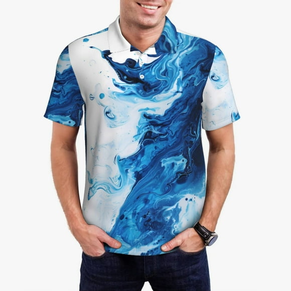 Saiise Chemise de Golf Homme Imprimé Fluide Bleu Blanc Évacuation de l'Humidité Séchage Rapide Polo Performance pour Hommes-Grand