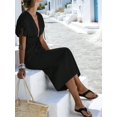 thumbnail image 6 of Women Summer V Neck Drawstring Maxi Dress Elastic Waist Flowy Vacation Dress Black S, 6 of 8