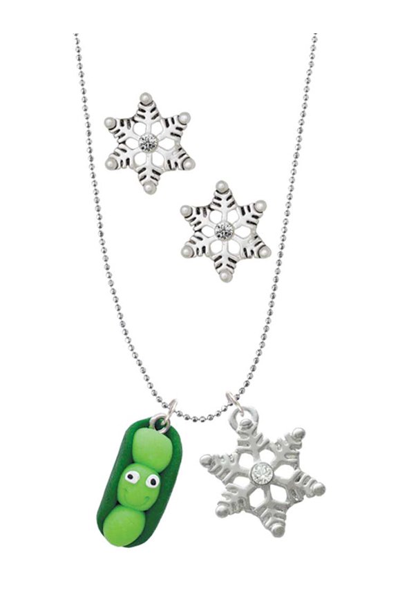 Fimo Clay Three Peas in a Pod Silver tone Snowflake Charm Necklace and Stud Earrings