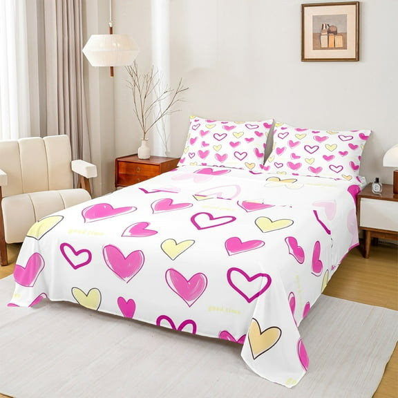Manfei Girly Pink Cartoon Twin Sheet Sets, Kawaii Love Heart Twin Fitted Sheet, Teens Boys Girls Kids Flat Sheet, Super Cozy Room Decor, 3-Piece
