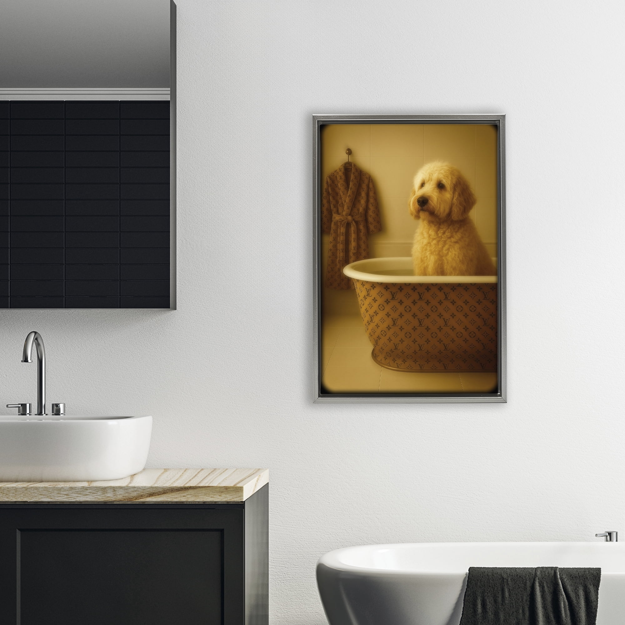 Stupell Industries Couture Dog in Luxury Tub Gray Framed Floater Canvas Wall Art, design by Grotto Studios