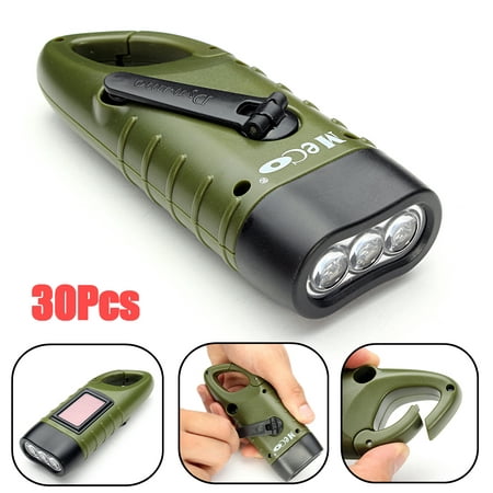 MECO 30Pcs Solar Powered Hand Crank Flashlight LED Cranking Light Rechargeable with Clip For Emergency Hiking Camping and Survival