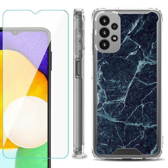 Shockproof Bumper Phone Case for Samsung Galaxy A23 5G, with Tempered Glass Screen Protector, by OneToughShield ® - Marble / Blue