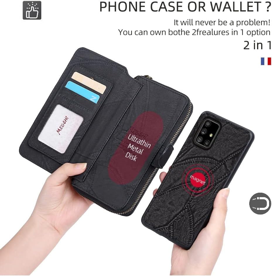 Phone Case for Samsung Galaxy A71 5G Zipper Wallet Detachable Cover with Screen Protector and Leather Flip Mirror Card Holder Slot Cell Accessories Mobile A 71 G5 71A S71 SM Women Men Black