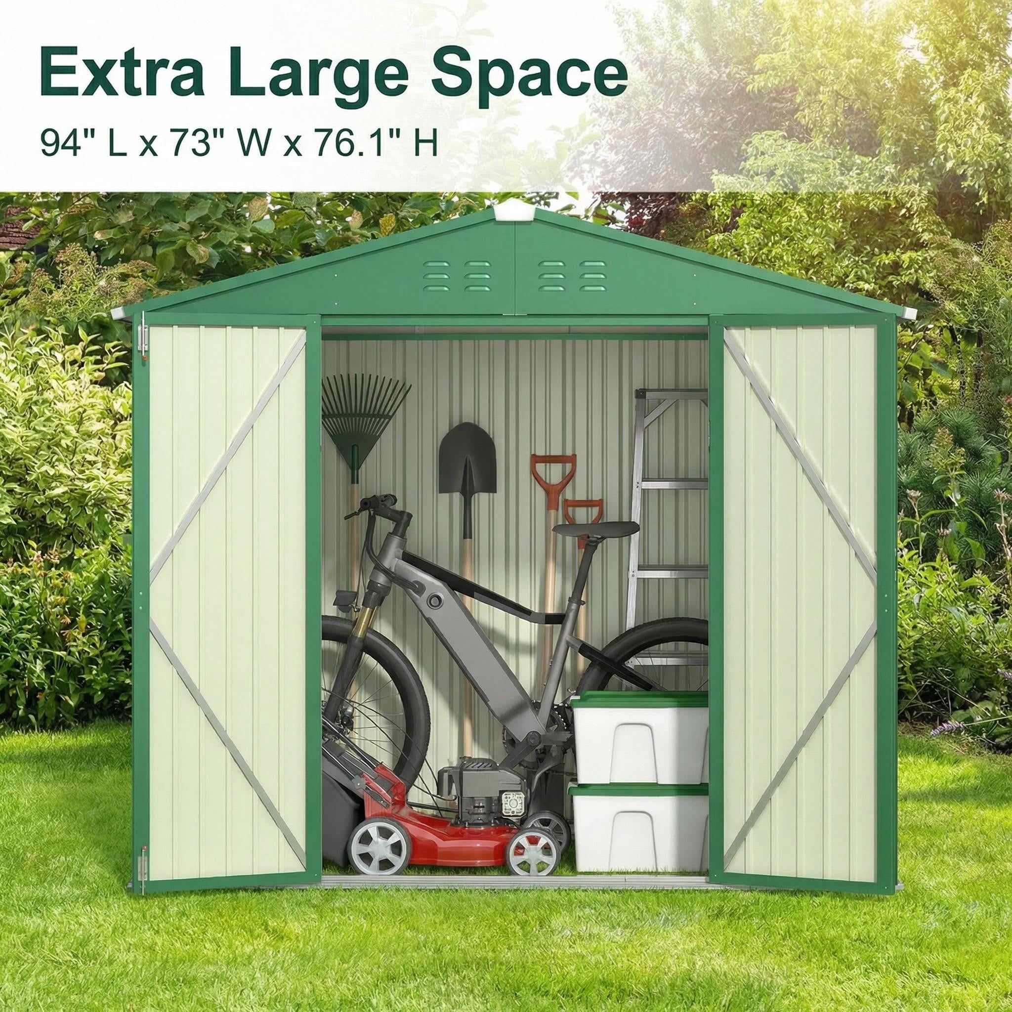 Storage Shed, Lofka 8x6 FT All-Weather Metal Shed with Lockable Doors, Waterproof & Rust-Resistant for Outdoors, Green